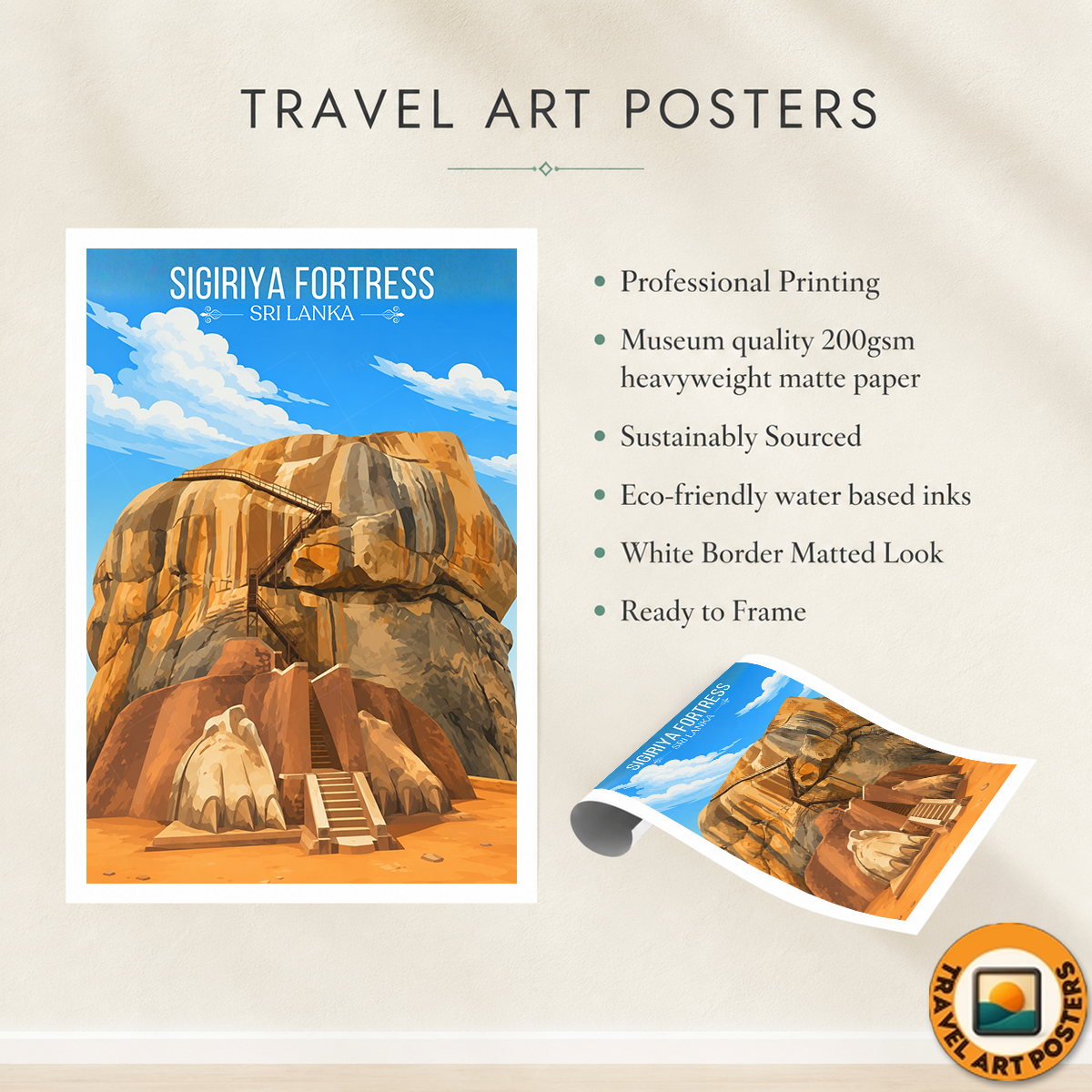 Sigiriya Fortress - Sri Lanka - Travel Poster Print Modern Style Wall Art - Art Print - Travel Art Poster