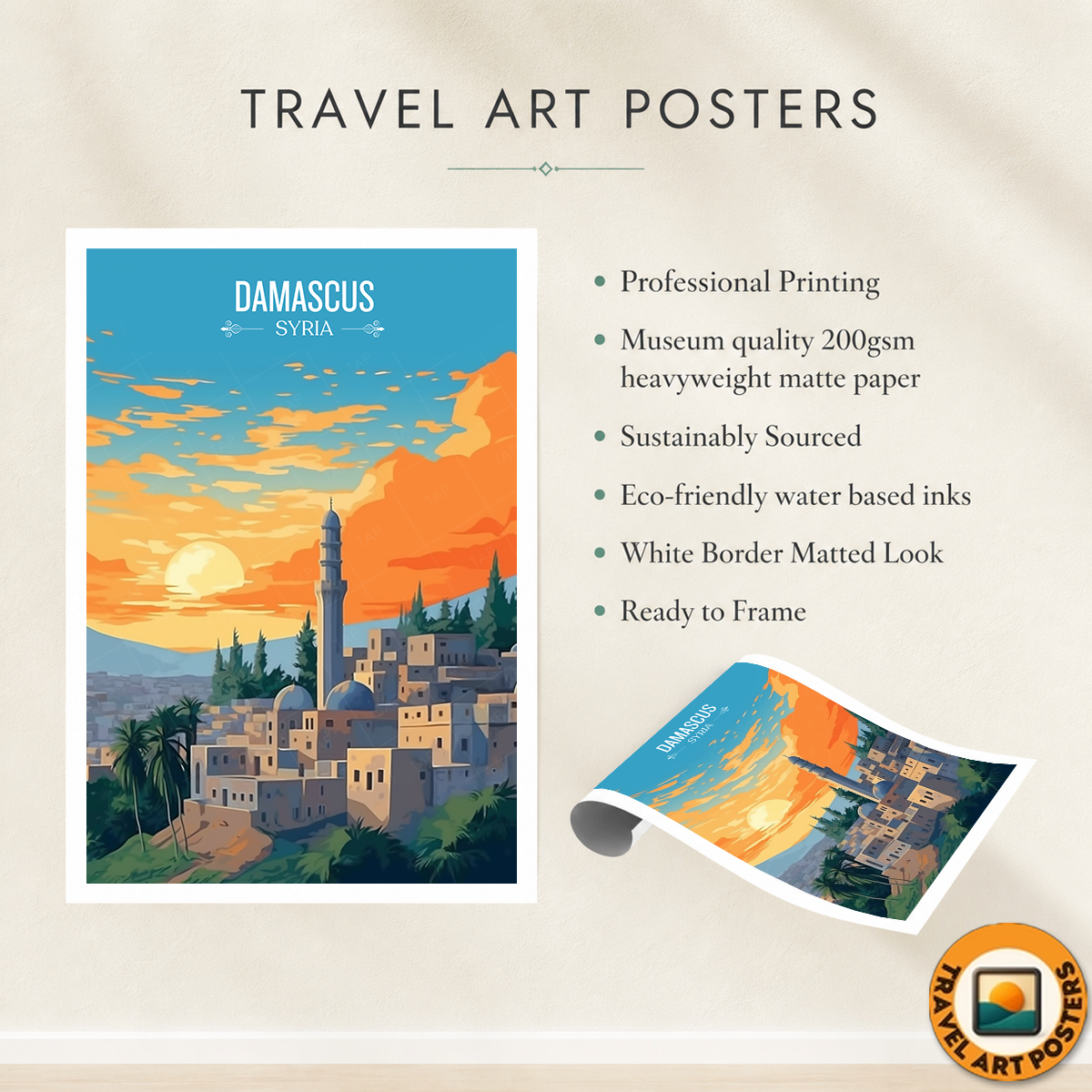 Damascus - Syria - Travel Poster Print Modern Style Wall Art