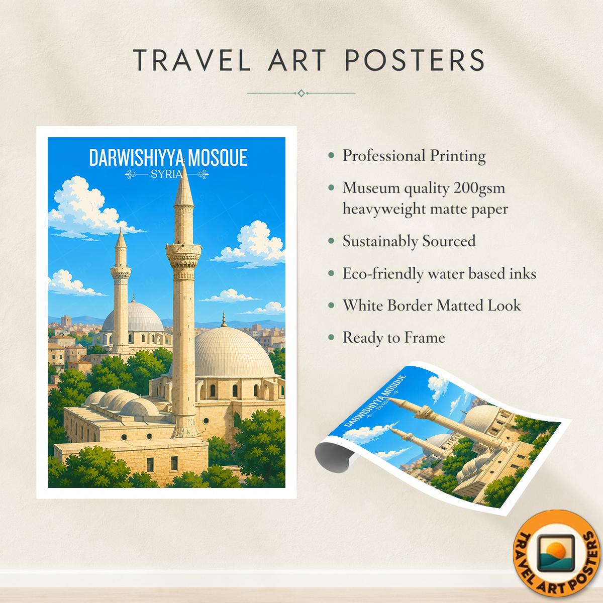 Darwishiyya Mosque - Syria - Travel Poster Print Modern Style Wall Art