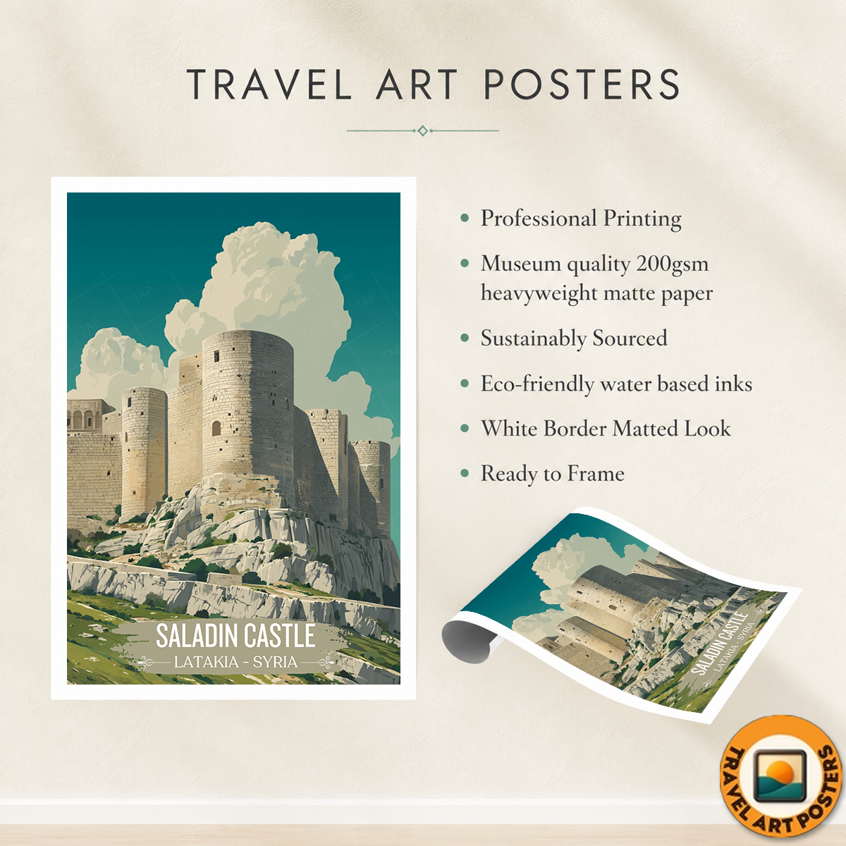 Saladin Castle - Syria - Travel Poster Print Modern Style Wall Art
