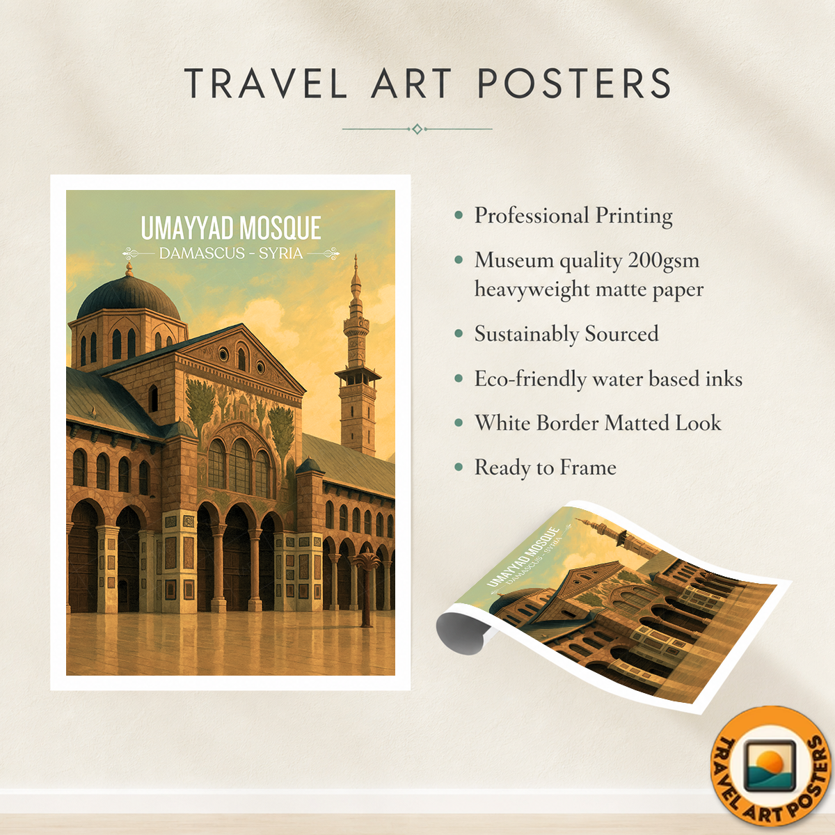 Umayyad Mosque - Syria - Travel Poster Print Modern Style Wall Art