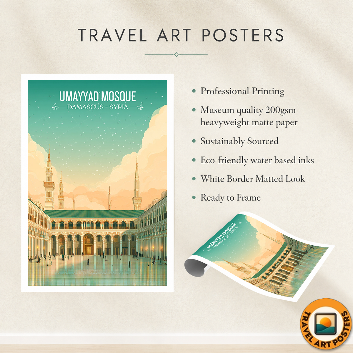 Umayyad Mosque - Syria - Travel Poster Print Modern Style Wall Art