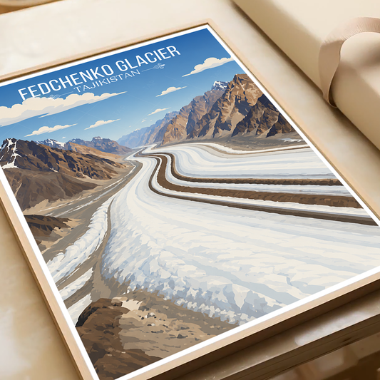 Fedchenko Glacier - Tajikistan - Travel Poster Print Modern Style Wall Art - Art Print - Travel Art Poster