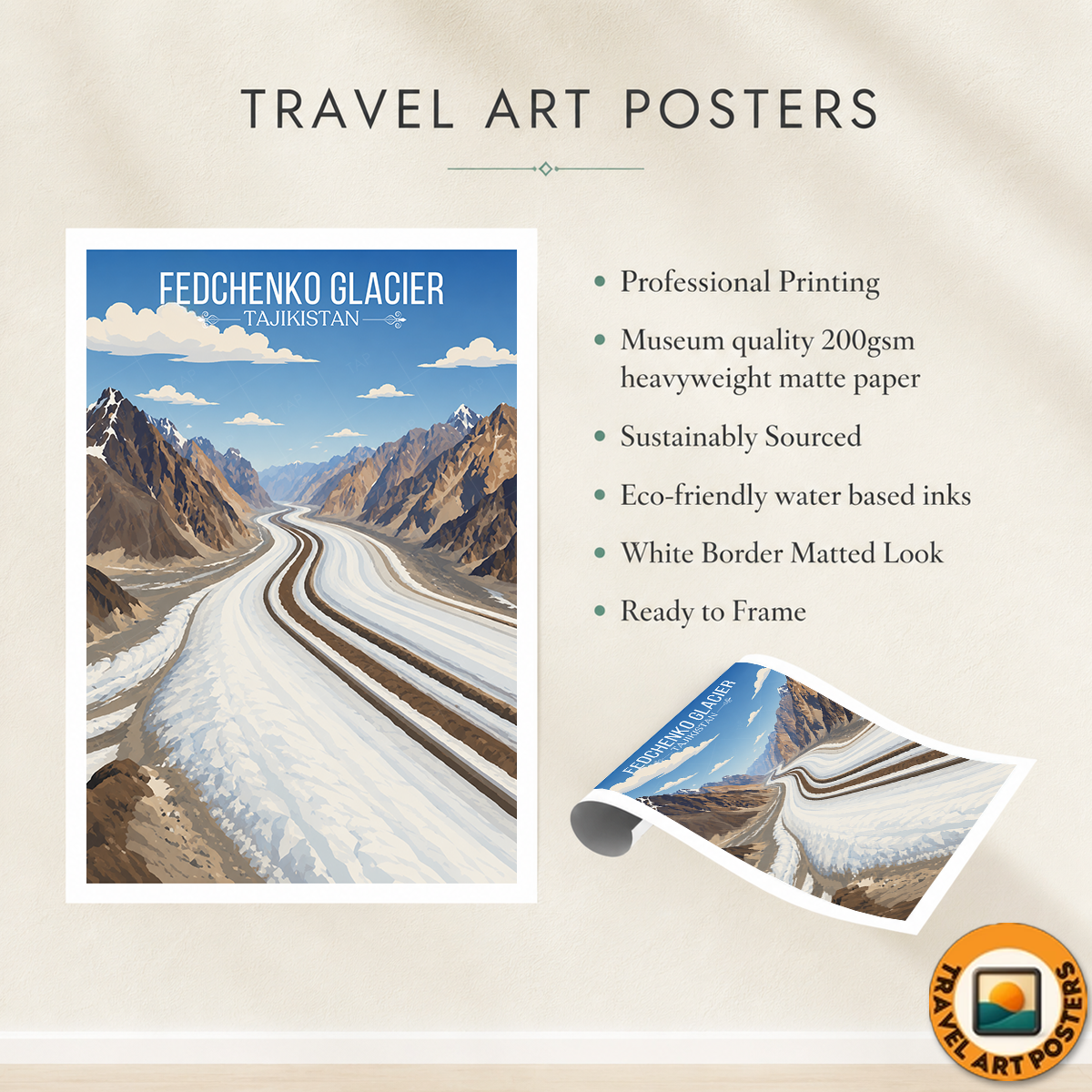 Fedchenko Glacier - Tajikistan - Travel Poster Print Modern Style Wall Art
