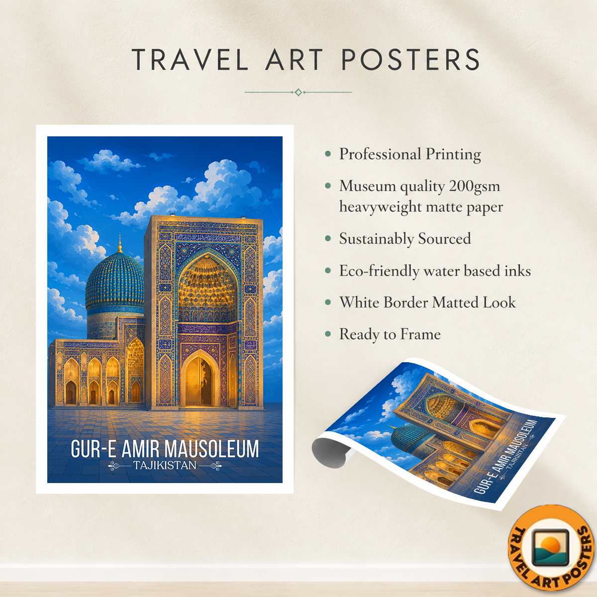 Gur-e-Amir Masuoleum - Tajikistan - Travel Poster Print Modern Style Wall Art