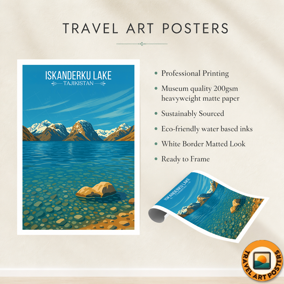 Iskanderku Lake - Tajikistan - Travel Poster Print Modern Style Wall Art