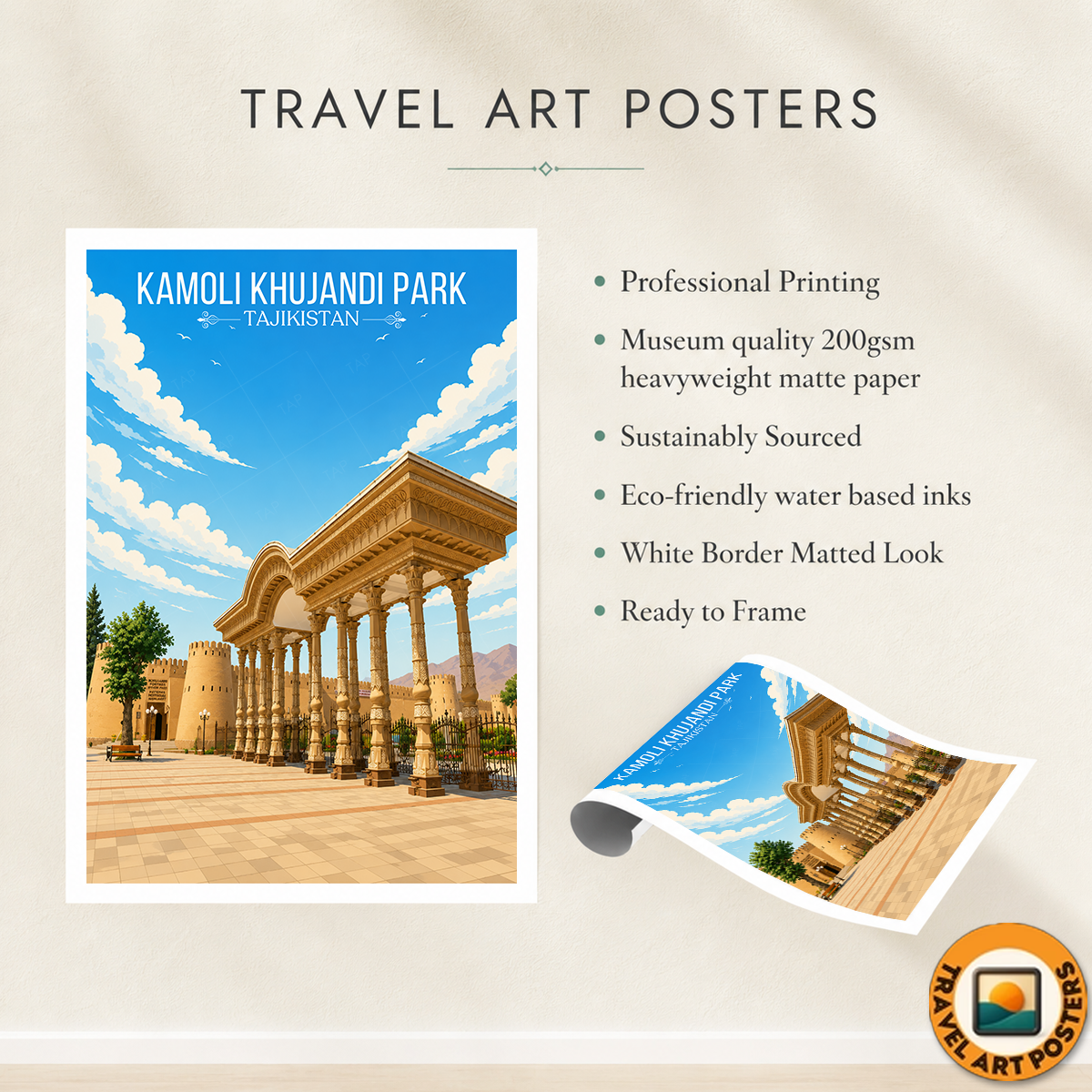 Kamoli Khujandi Park - Tajikistan - Travel Poster Print Modern Style Wall Art