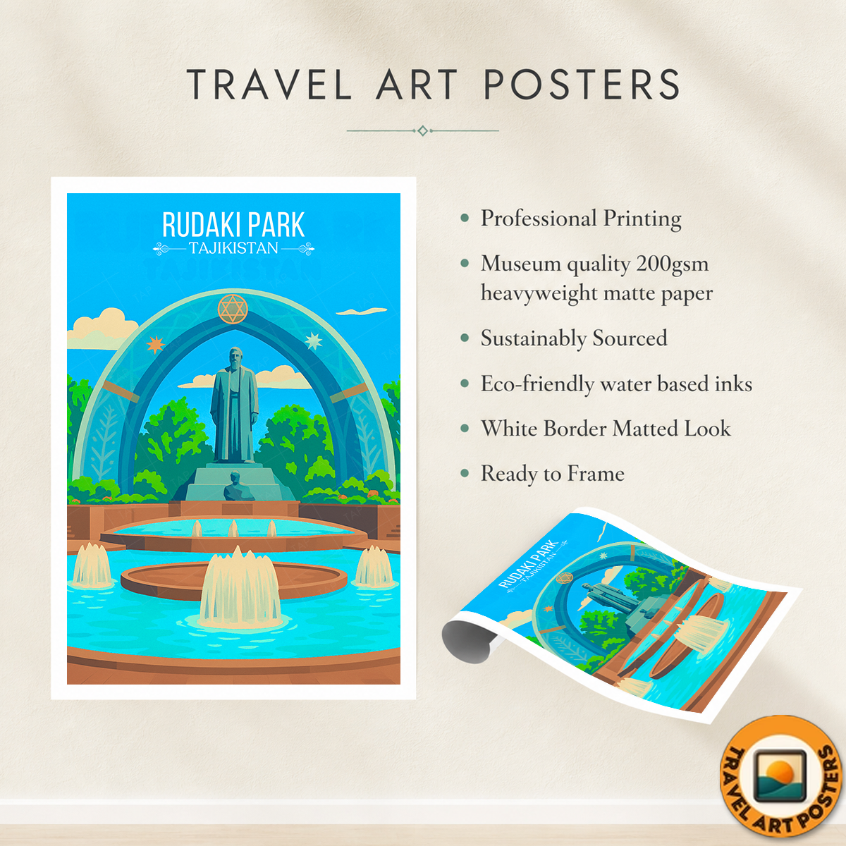 Rudaki Park - Tajikistan - Travel Poster Print Modern Style Wall Art