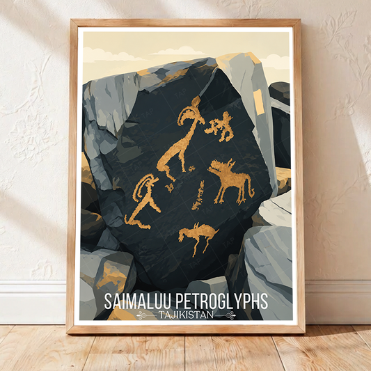 Saimaluu Petroglyphs - Tajikistan - Travel Poster Print Modern Style Wall Art - Art Print - Travel Art Poster