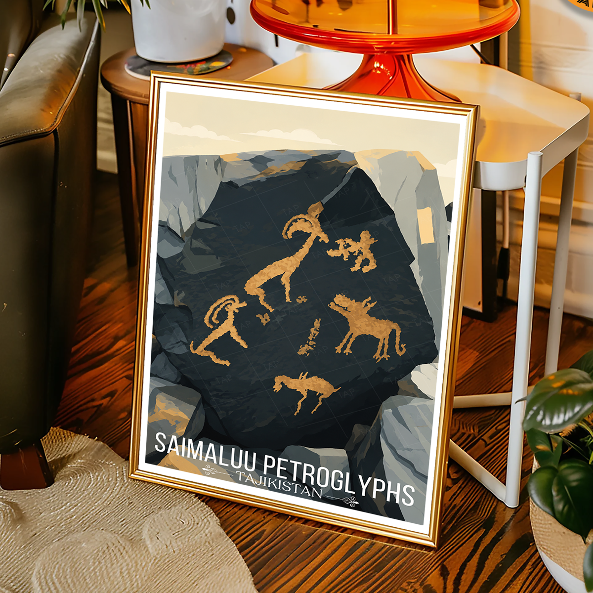 Saimaluu Petroglyphs - Tajikistan - Travel Poster Print Modern Style Wall Art