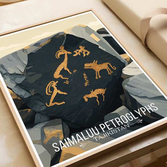 Saimaluu Petroglyphs - Tajikistan - Travel Poster Print Modern Style Wall Art - Art Print - Travel Art Poster