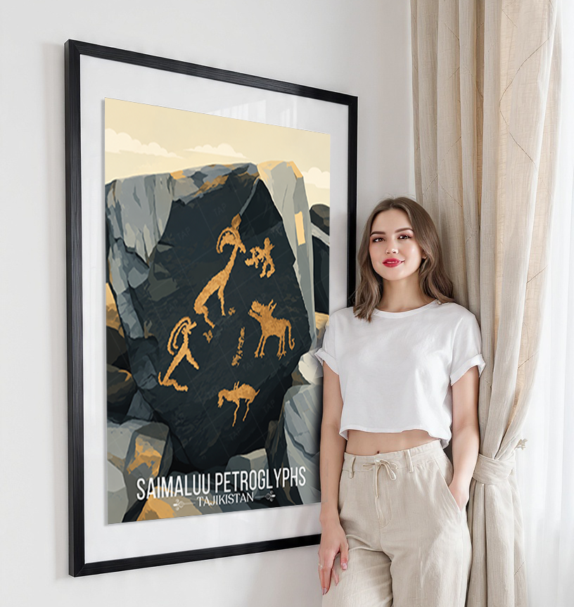 Saimaluu Petroglyphs - Tajikistan - Travel Poster Print Modern Style Wall Art