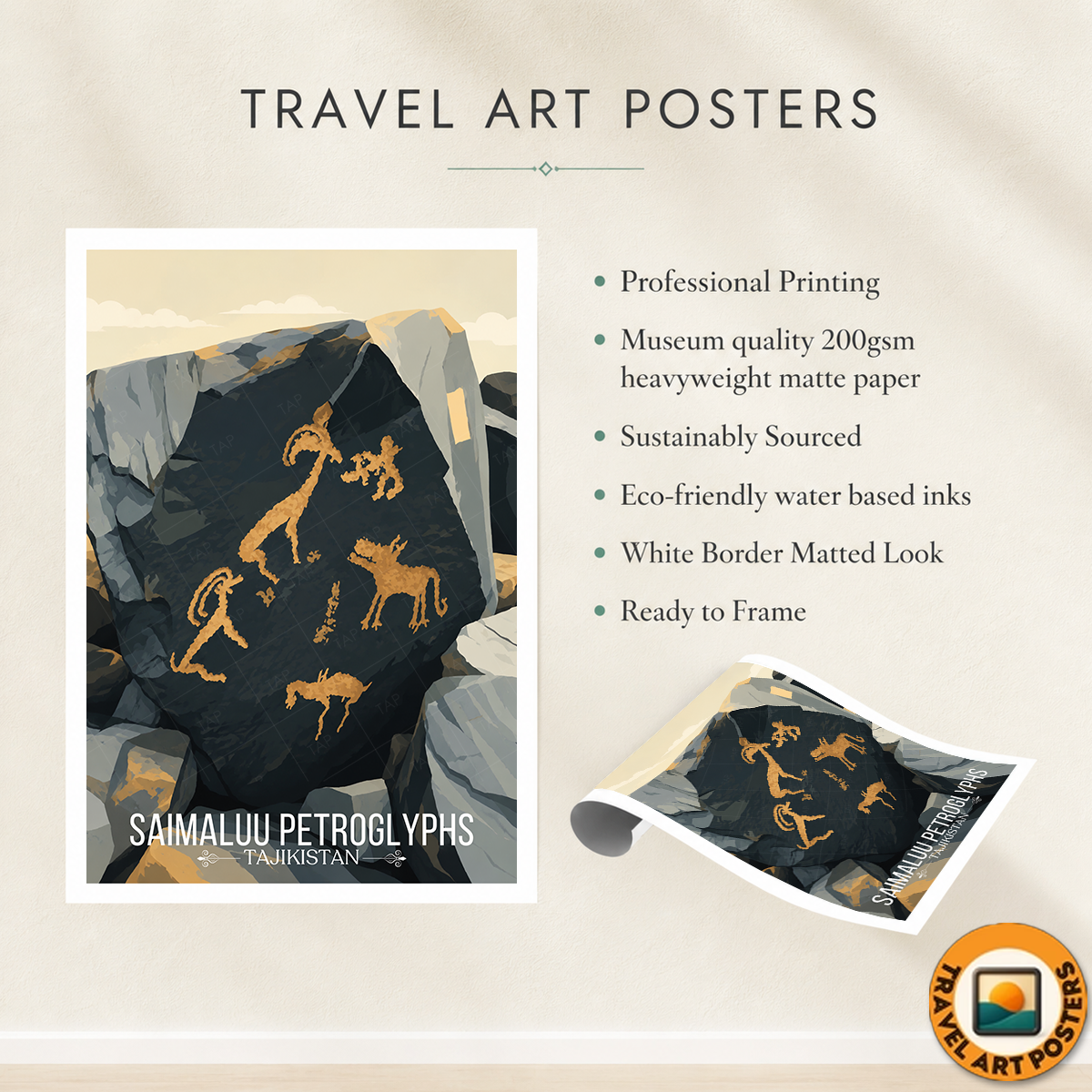 Saimaluu Petroglyphs - Tajikistan - Travel Poster Print Modern Style Wall Art