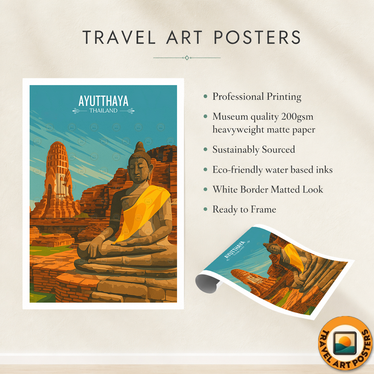 Ayutthaya - Thailand - Travel Poster Vintage Style Wall Art Print - Art Print - Travel Art Poster