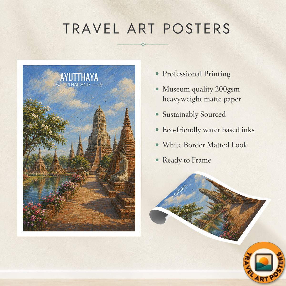 Ayutthaya - Thailand - Travel Poster Vintage Style Wall Art Print - Art Print - Travel Art Poster