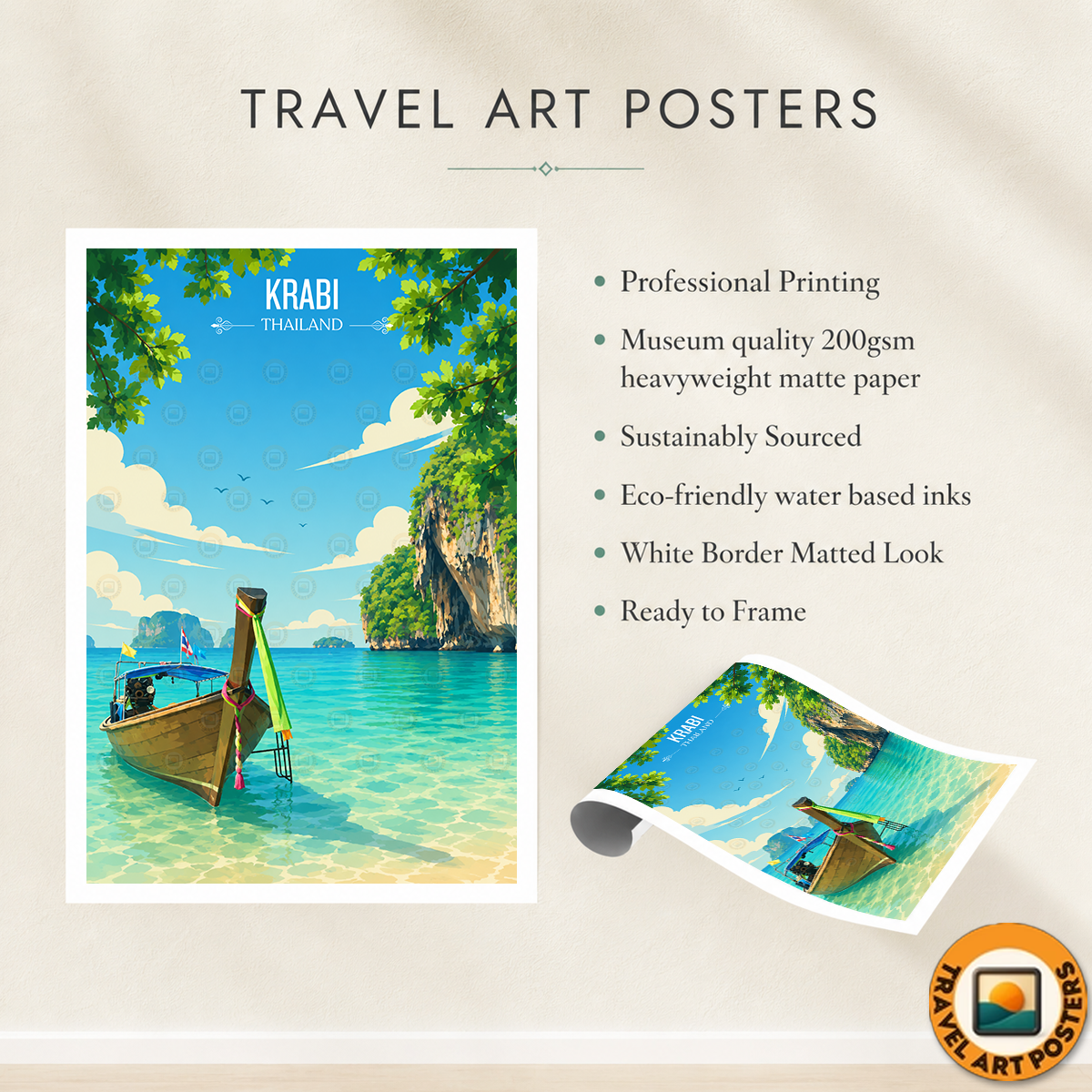 Krabi - Thailand - Travel Poster Vintage Style Wall Art Print