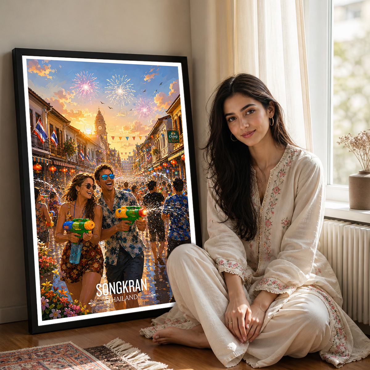 Songkran - Thailand - Travel Poster Vintage Style Wall Art Print