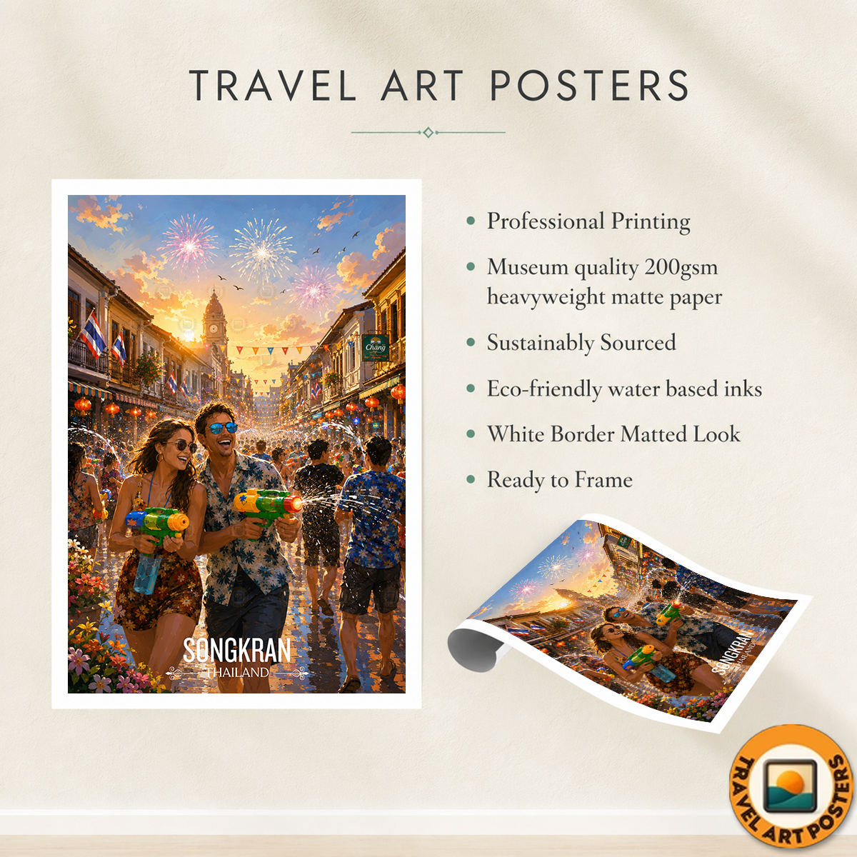 Songkran - Thailand - Travel Poster Vintage Style Wall Art Print