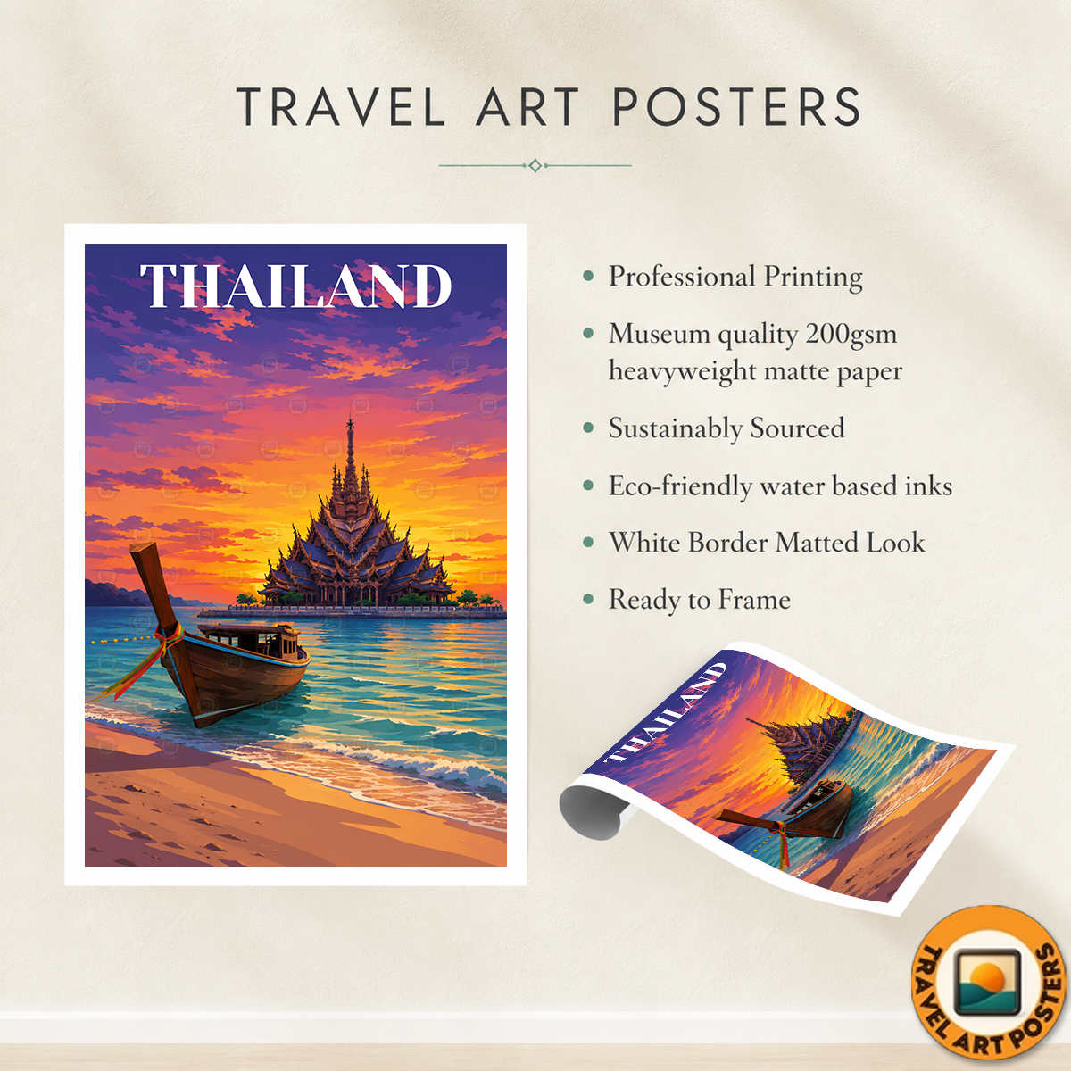 Thailand - Travel Poster Vintage Style Wall Art Print