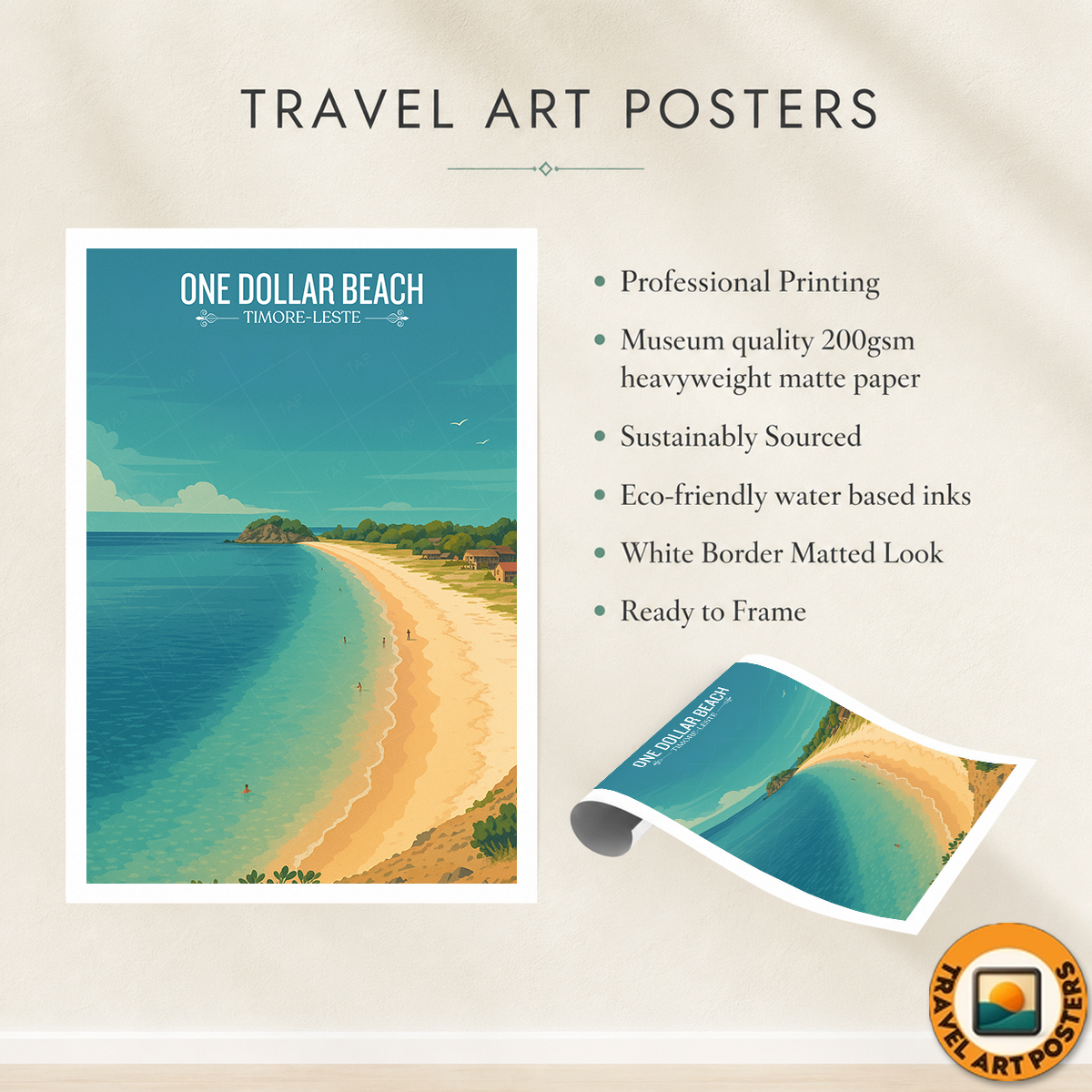 One Dollar Beach - Timor-Leste - Travel Poster Vintage Style Wall Art Print