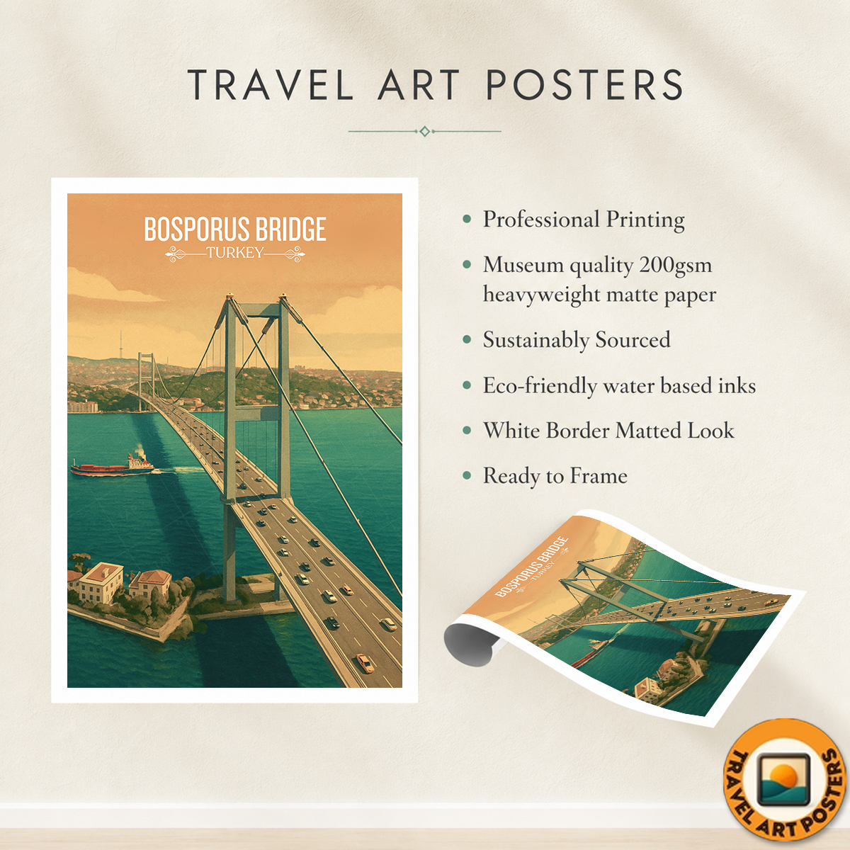 Bosphorus Bridge - Turkey - Vintage Travel Wall Art Poster Print - Art Print - Travel Art Poster