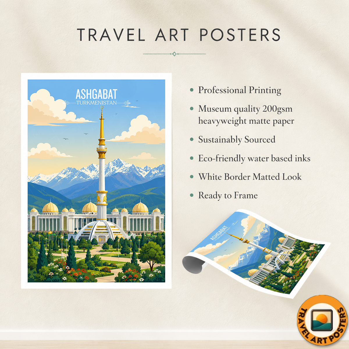 Ashgabat - Turkmenistan - Travel Poster Vintage Style Wall Art Print