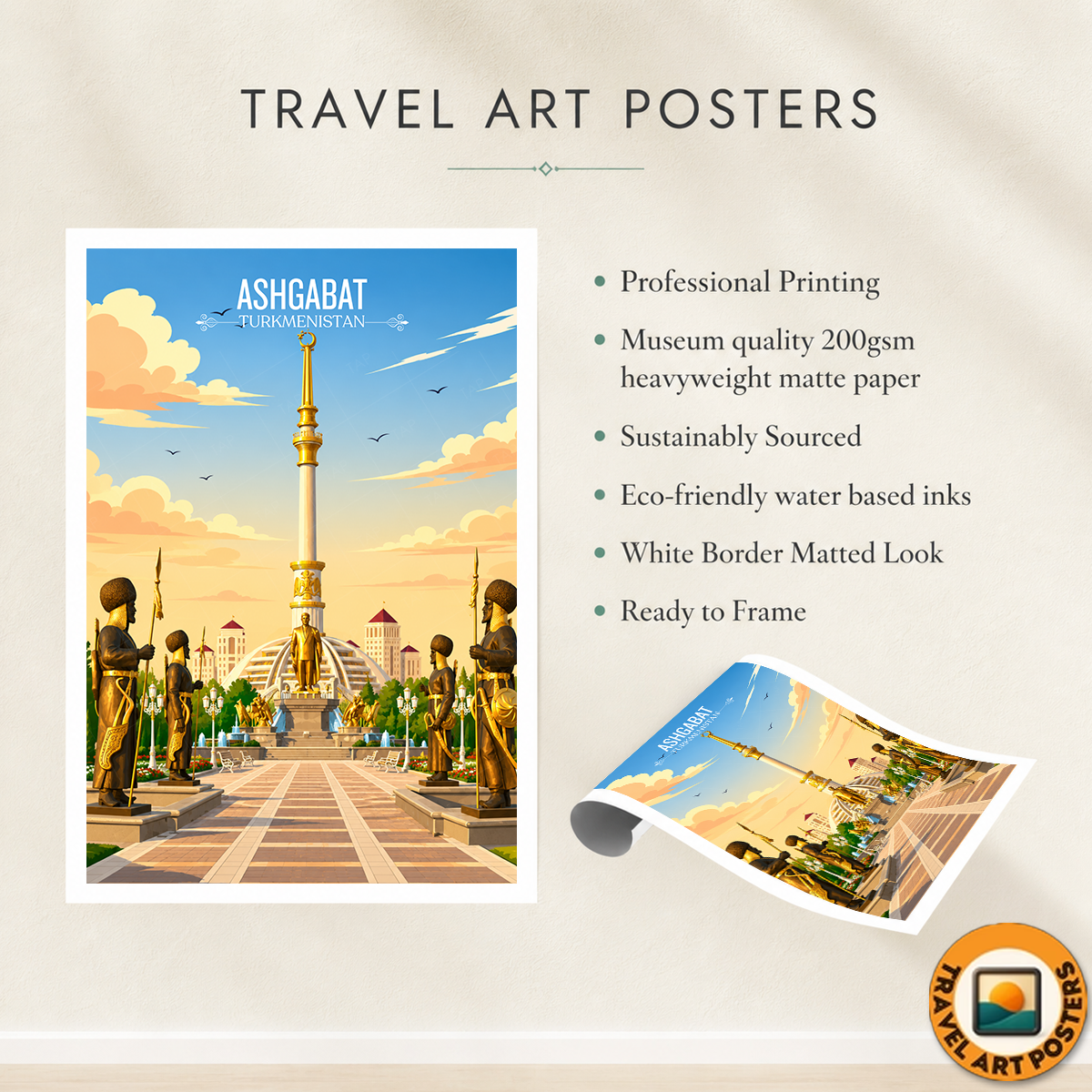 Ashgabat - Turkmenistan - Travel Poster Vintage Style Wall Art Print