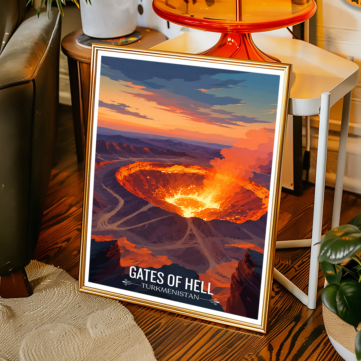 Gates of Hell - Turkmenistan - Travel Poster Vintage Style Wall Art Print