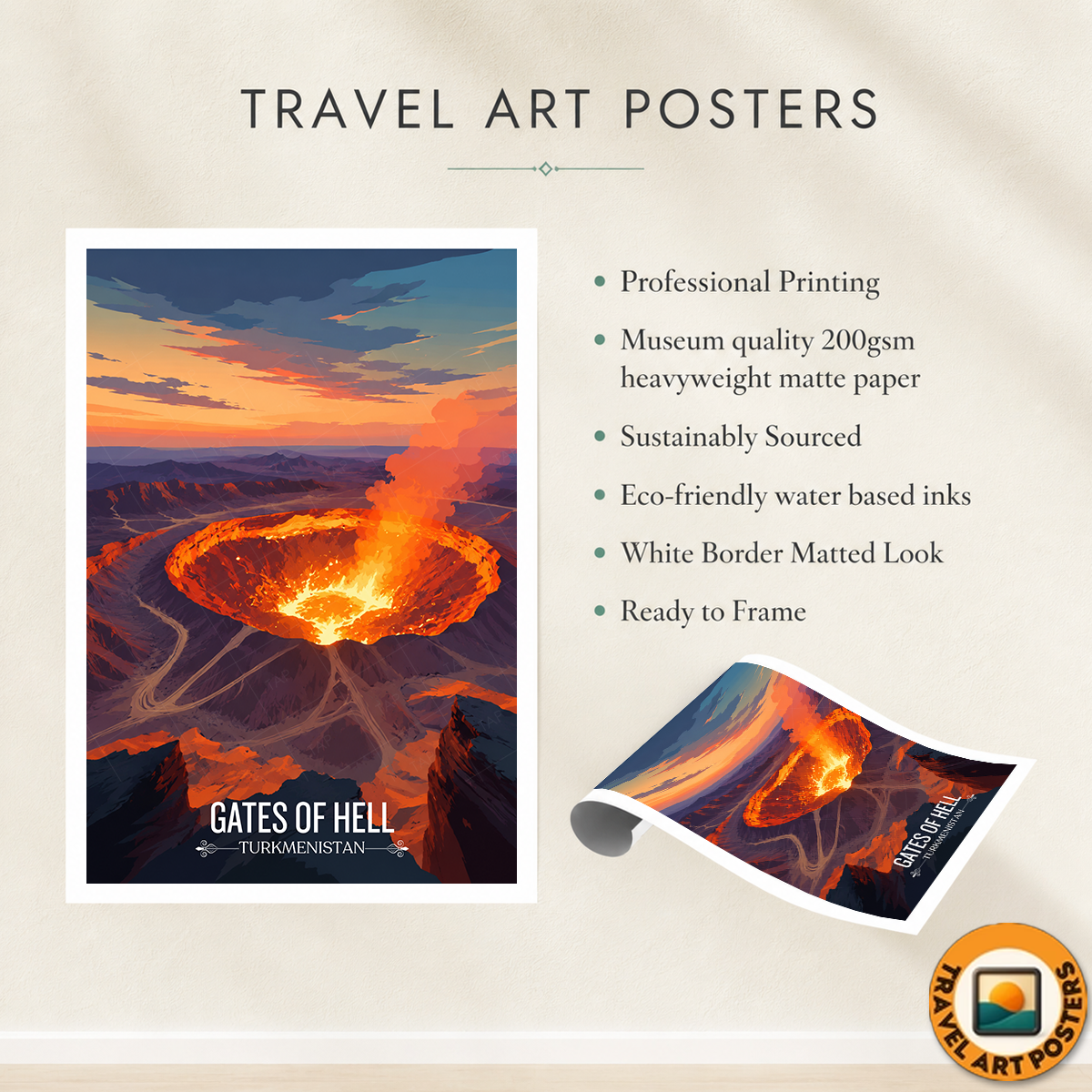 Gates of Hell - Turkmenistan - Travel Poster Vintage Style Wall Art Print