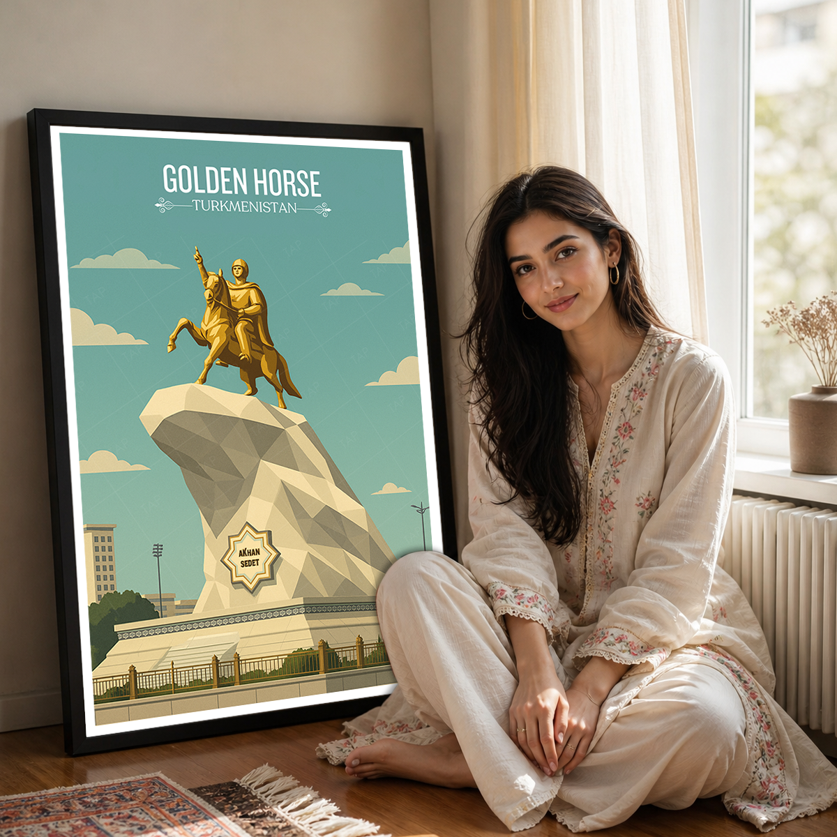 Golden Horse - Turkmenistan - Travel Poster Vintage Style Wall Art Print