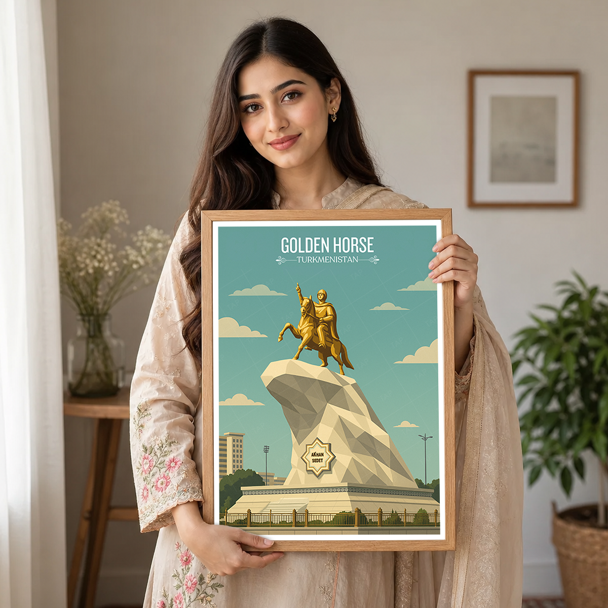 Golden Horse - Turkmenistan - Travel Poster Vintage Style Wall Art Print
