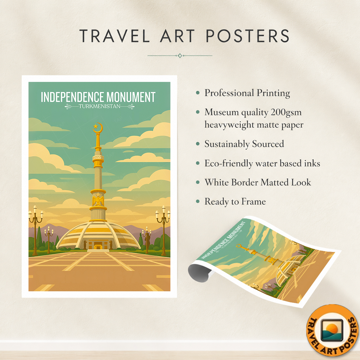 Independence Monument - Turkmenistan - Travel Poster Vintage Style Wall Art Print