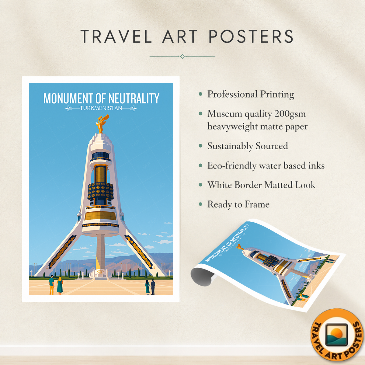 Monument of Neutrality - Turkmenistan - Travel Poster Vintage Style Wall Art Print