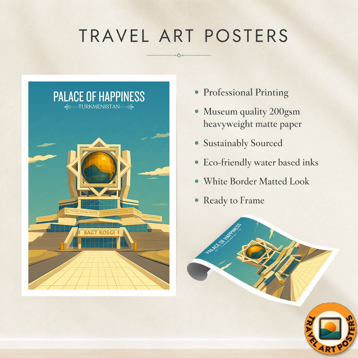 Palace of Happiness - Turkmenistan - Travel Poster Vintage Style Wall Art Print