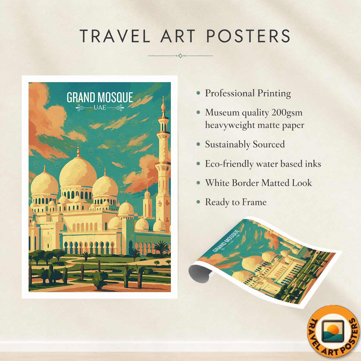 Grand Mosque - UAE - Travel Art Print Wall Deco Poster - Travel Art Poster Print