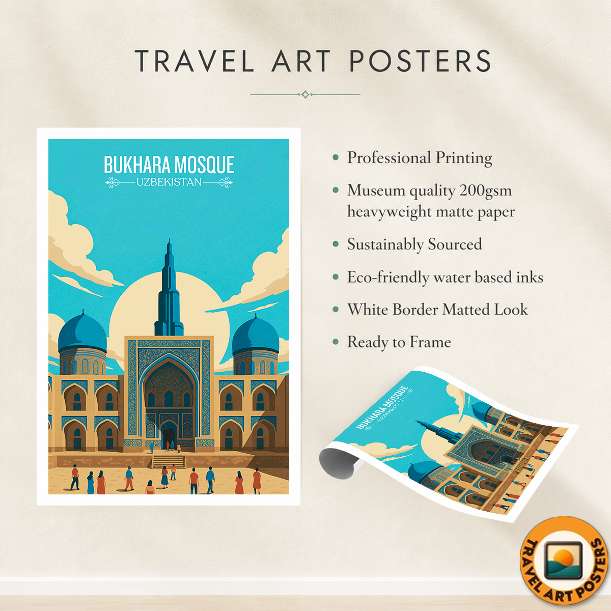 Bukhara Mosque - Uzbekistan - Travel Poster Vintage Style Wall Art Print - Art Print - Travel Art Poster