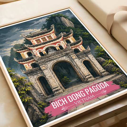 Bich Dong Pagoda - Vietnam - Travel Poster Vintage Style Wall Art Print - Art Print - Travel Art Poster