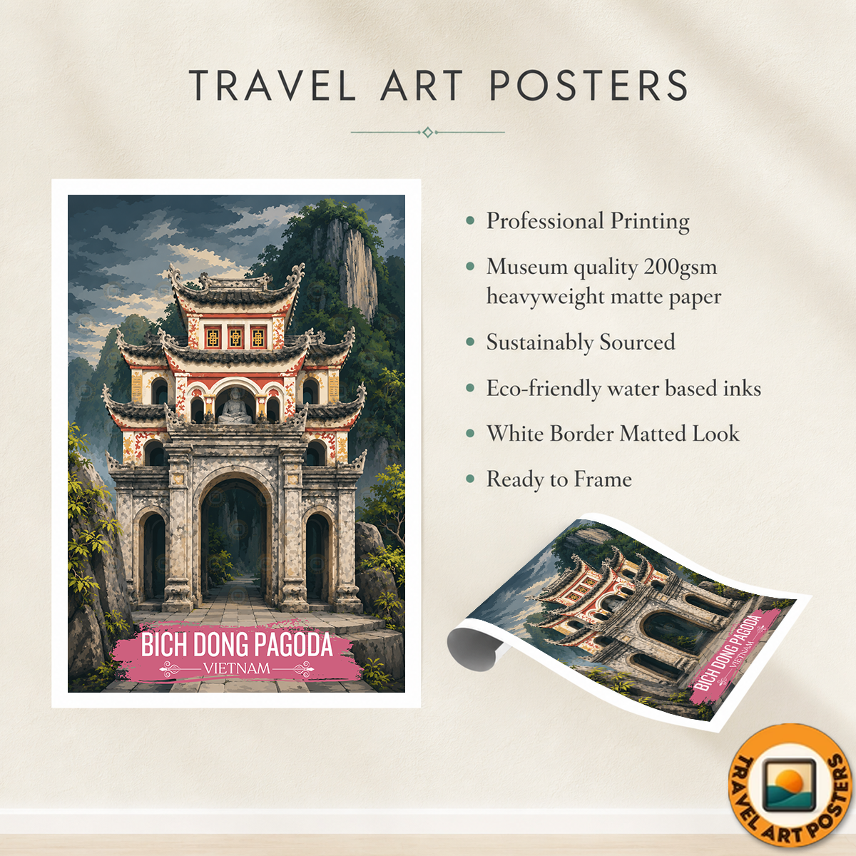 Bich Dong Pagoda - Vietnam - Travel Poster Vintage Style Wall Art Print - Art Print - Travel Art Poster