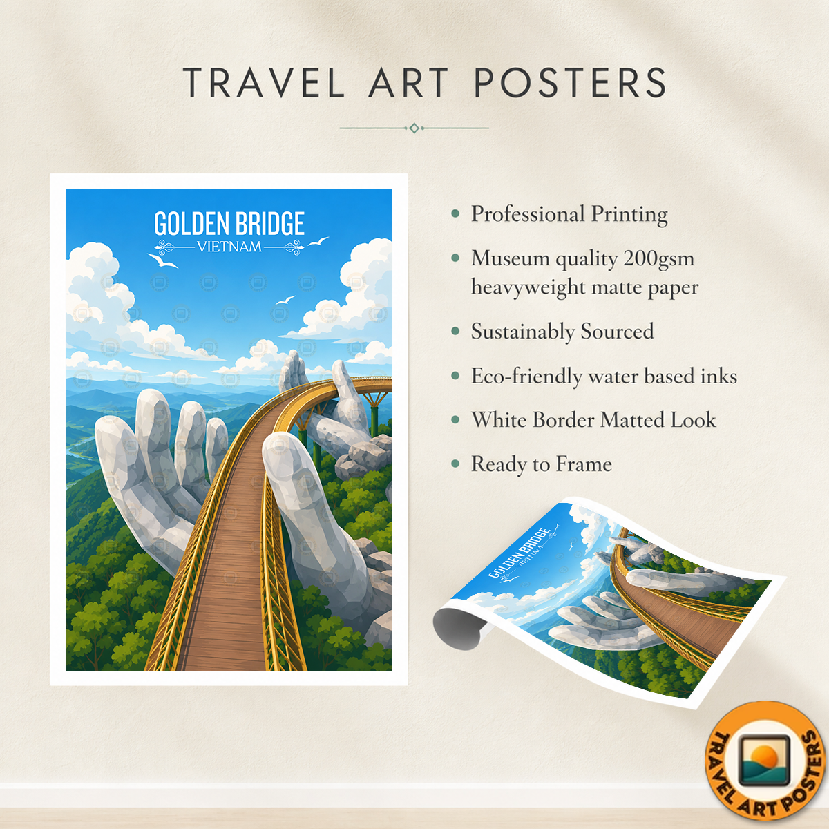Golden Bridge - Vietnam - Travel Poster Vintage Style Wall Art Print - Art Print - Travel Art Poster
