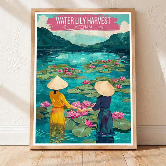 Water Lilly Harvest - Vietnam - Travel Poster Vintage Style Wall Art Print - Art Print - Travel Art Poster