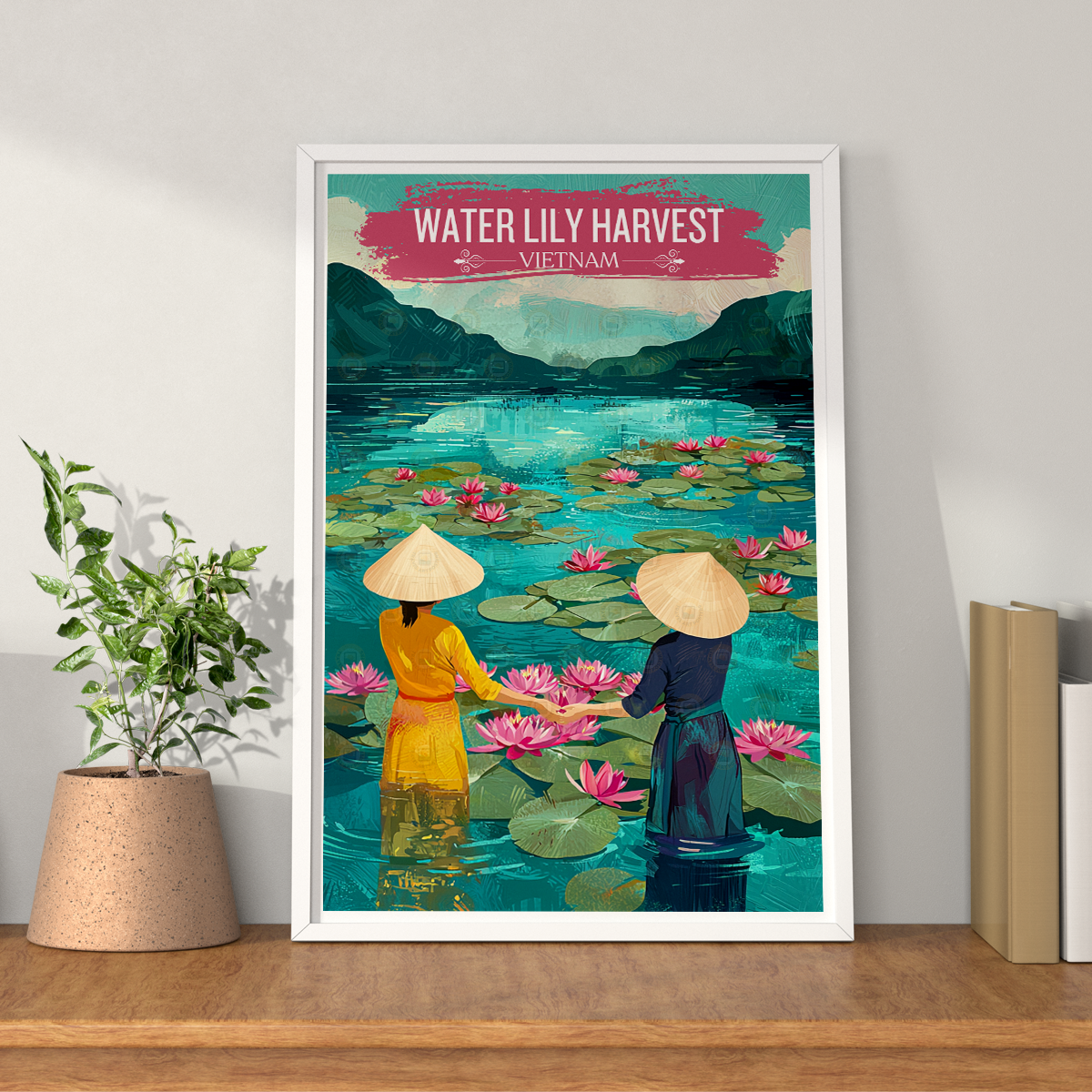 Water Lilly Harvest - Vietnam - Travel Poster Vintage Style Wall Art Print - Art Print - Travel Art Poster