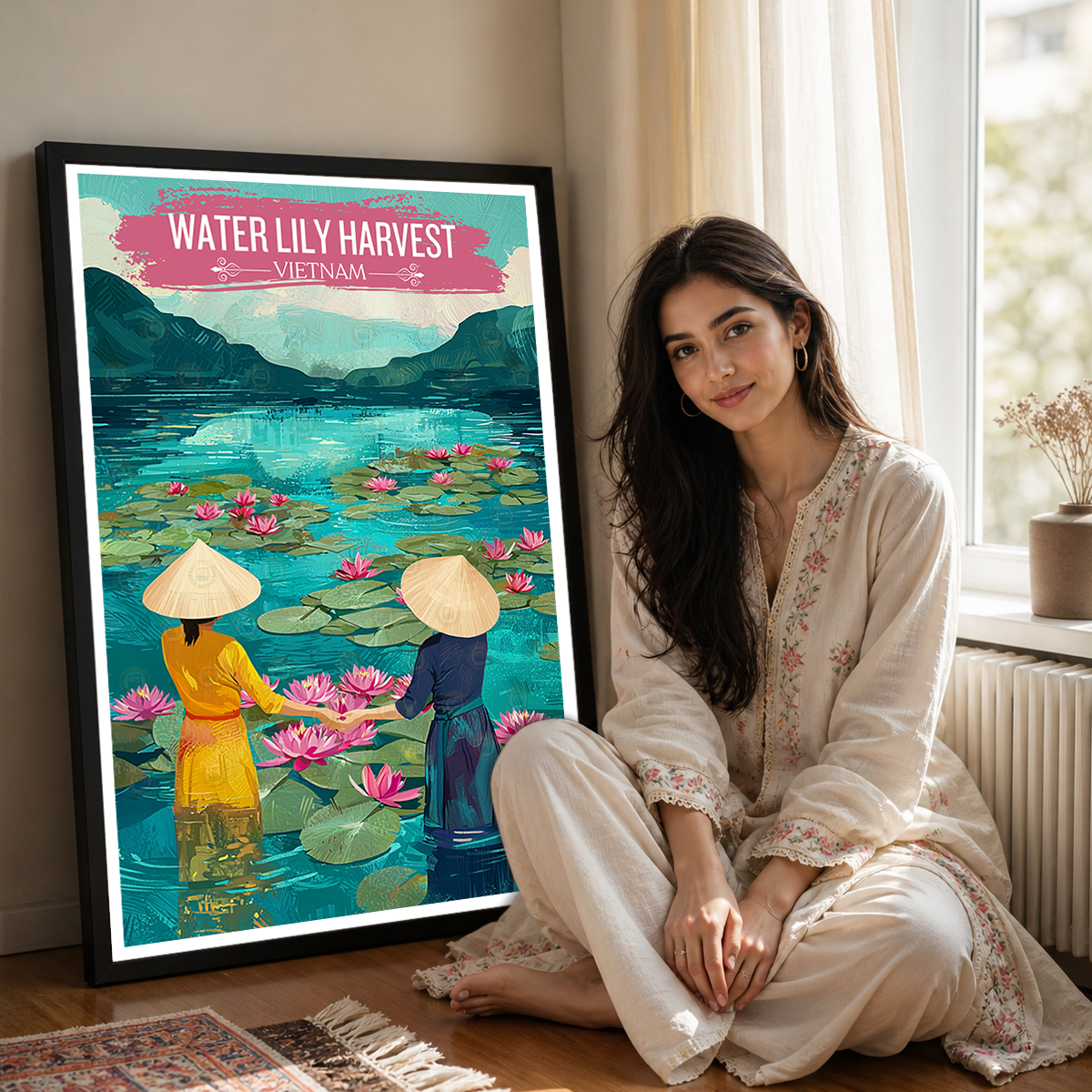 Water Lilly Harvest - Vietnam - Travel Poster Vintage Style Wall Art Print - Art Print - Travel Art Poster