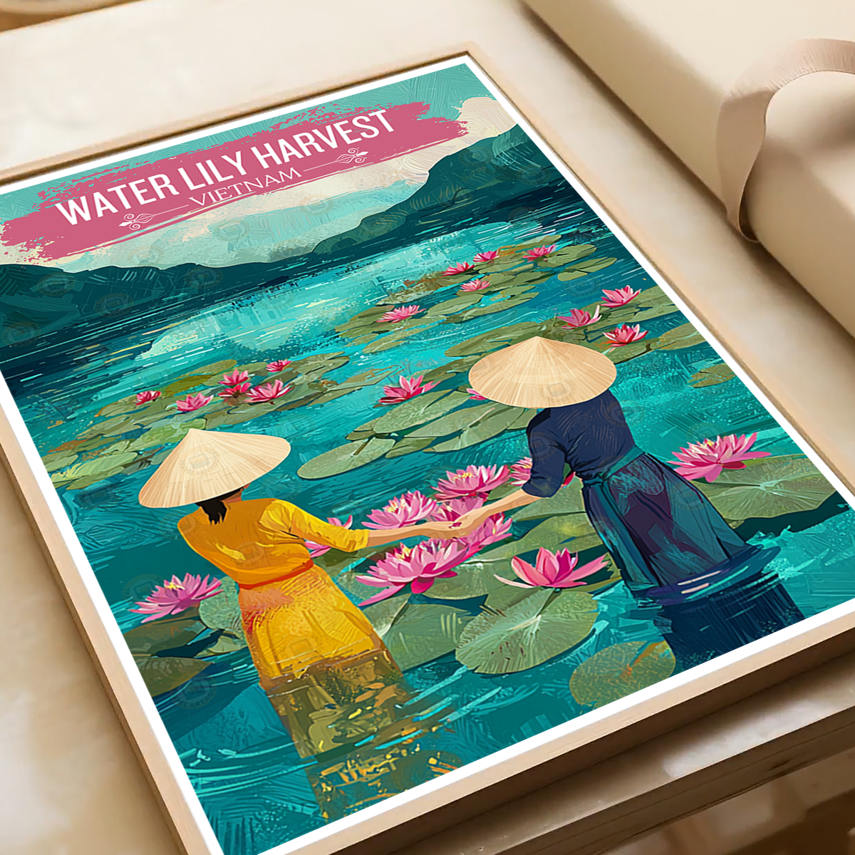 Water Lilly Harvest - Vietnam - Travel Poster Vintage Style Wall Art Print - Art Print - Travel Art Poster