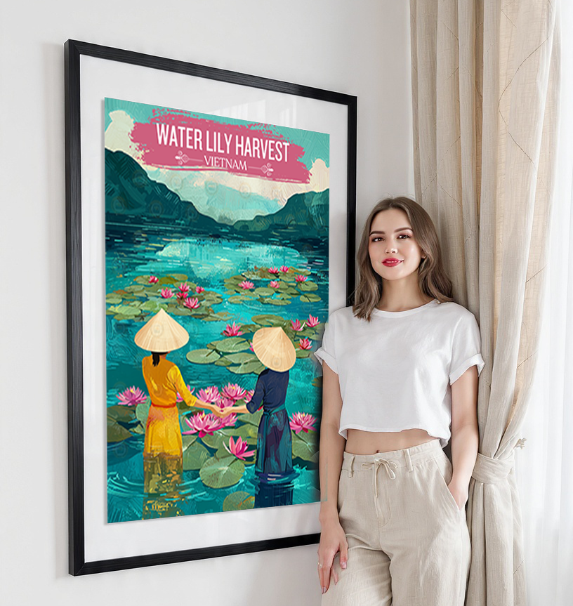 Water Lilly Harvest - Vietnam - Travel Poster Vintage Style Wall Art Print - Art Print - Travel Art Poster