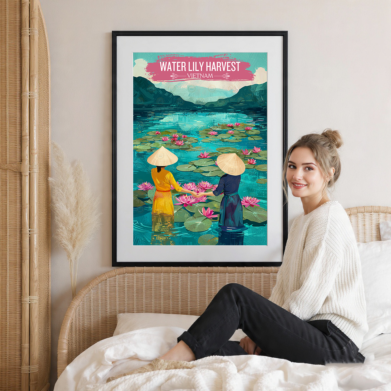 Water Lilly Harvest - Vietnam - Travel Poster Vintage Style Wall Art Print - Art Print - Travel Art Poster