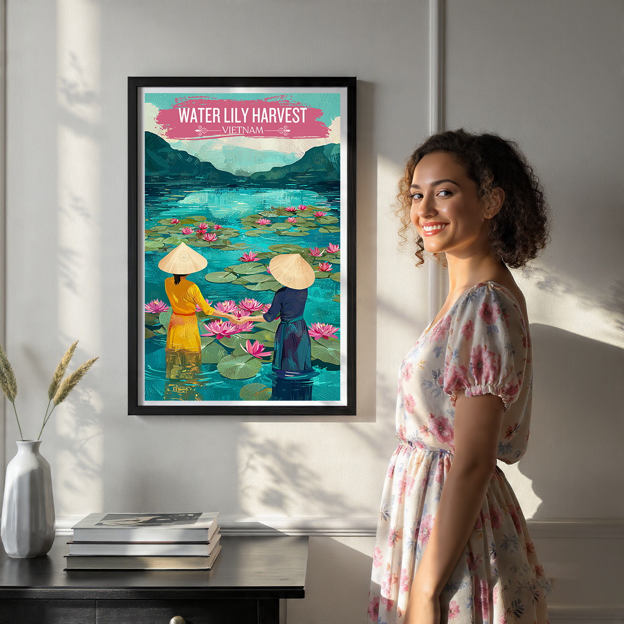 Water Lilly Harvest - Vietnam - Travel Poster Vintage Style Wall Art Print - Art Print - Travel Art Poster
