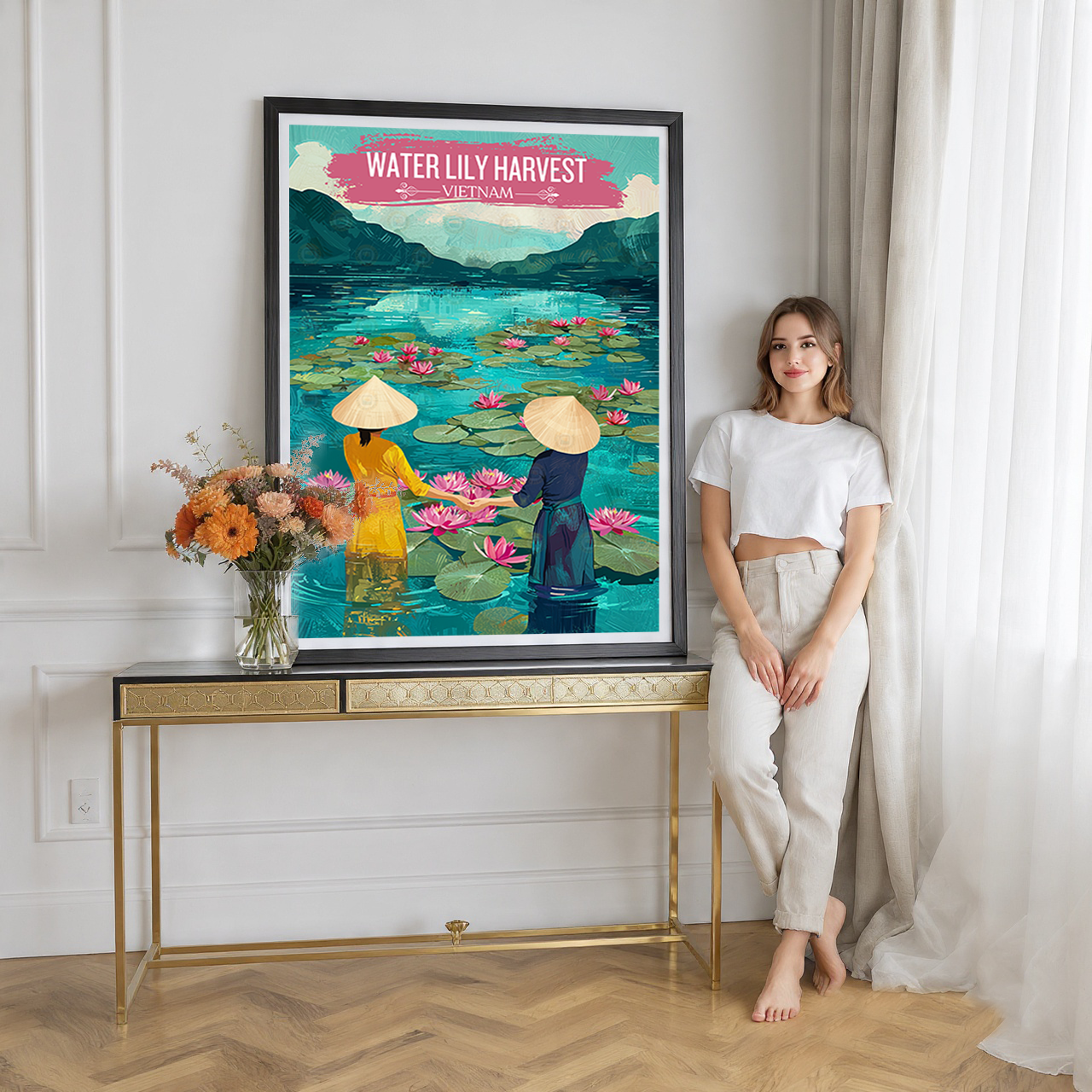 Water Lilly Harvest - Vietnam - Travel Poster Vintage Style Wall Art Print - Art Print - Travel Art Poster